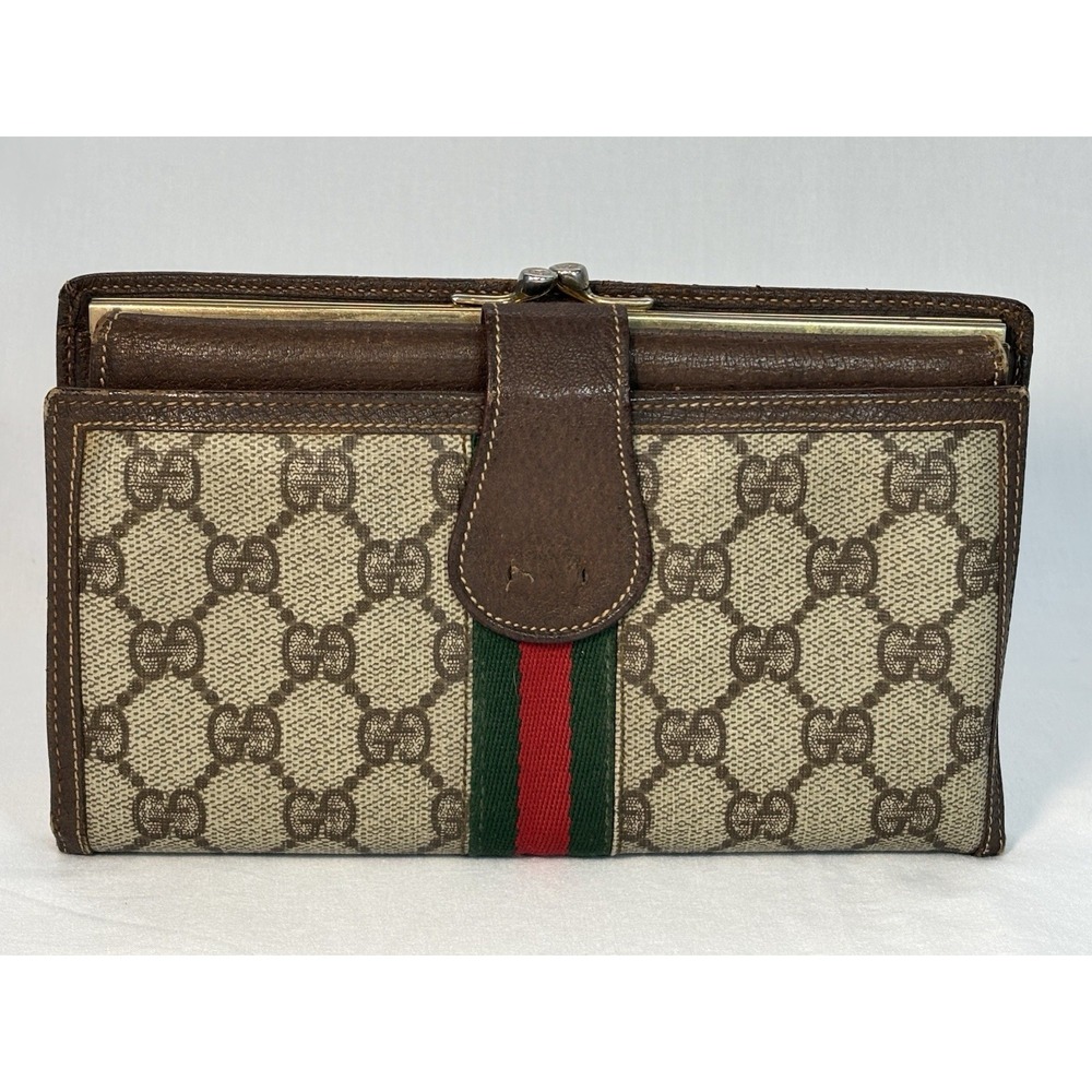 Vintage Gucci Sherry Line Logo TriFold Wallet W/ Coin Holder 80's.